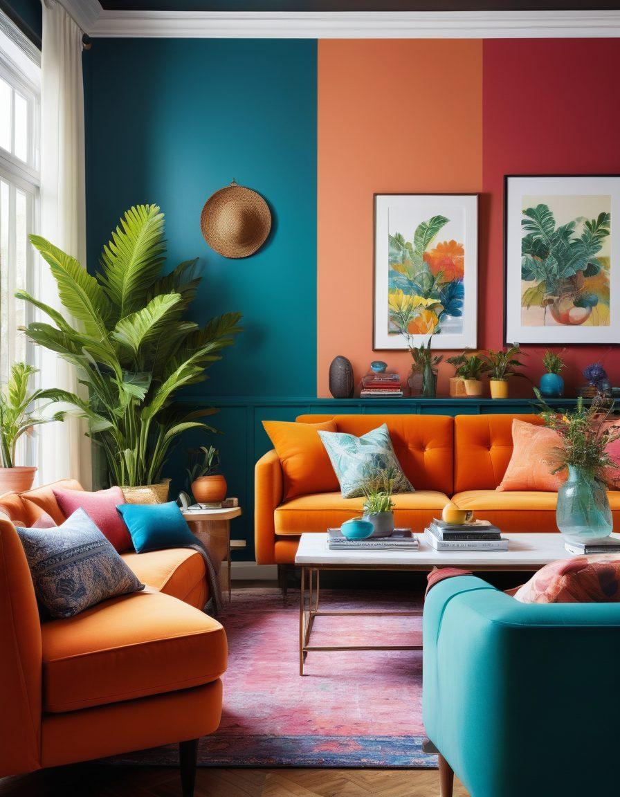 A beautifully transformed living room featuring a vibrant mix of colors, stylish furniture, and modern decor. Include plants for a touch of nature, before-and-after sections showing walls painted in fresh shades, and accent pieces such as decorative cushions and artwork. Capture the essence of creativity and style with an inviting atmosphere. super-realistic. vibrant colors. cozy ambiance.