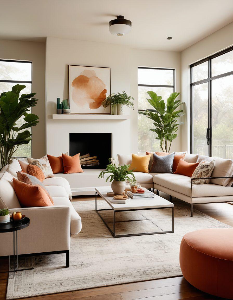 A beautifully styled family living room featuring modern furniture, soft natural lighting, and stylish decor that evokes a sense of retreat. Incorporate indoor plants, cozy textiles, and a splash of color through artwork. A family enjoying the space together, emphasizing warmth and togetherness. ultra-realistic. warm tones. bright and inviting.