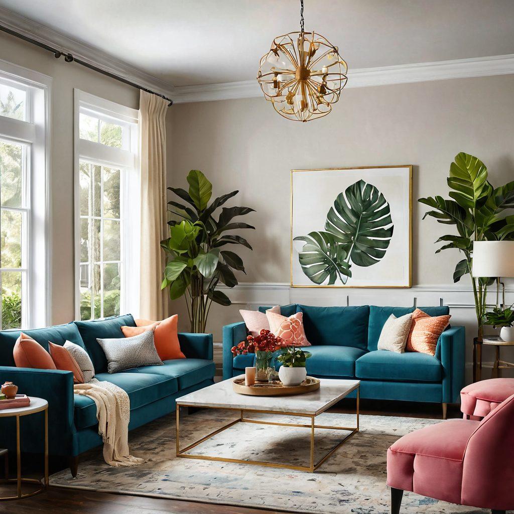 An elegantly designed living room showcasing modern home improvement styles: a mix of cozy and chic furniture, innovative lighting fixtures, and stylish decor items around a lush indoor plant. Incorporate vibrant colors and textures to create a welcoming space that inspires creativity and comfort. Super-realistic. Bright lighting.